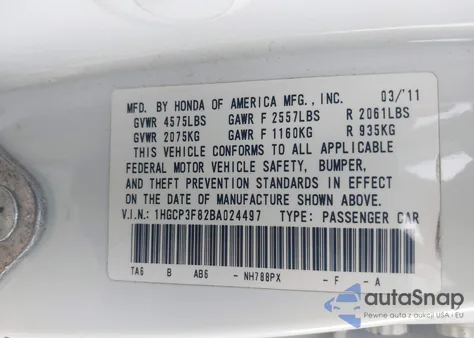 2011 Honda Accord 3.5 Ex-L из США, поврежденный, VIN 1HGCP3F82BA024497